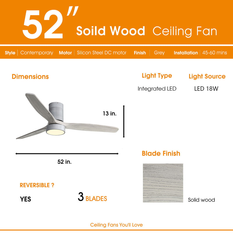 52" 18W LED Ceiling Fan With Dimmable 6 Speed Remote 3 Blade Reversible DC Motor For Living Room - Silver