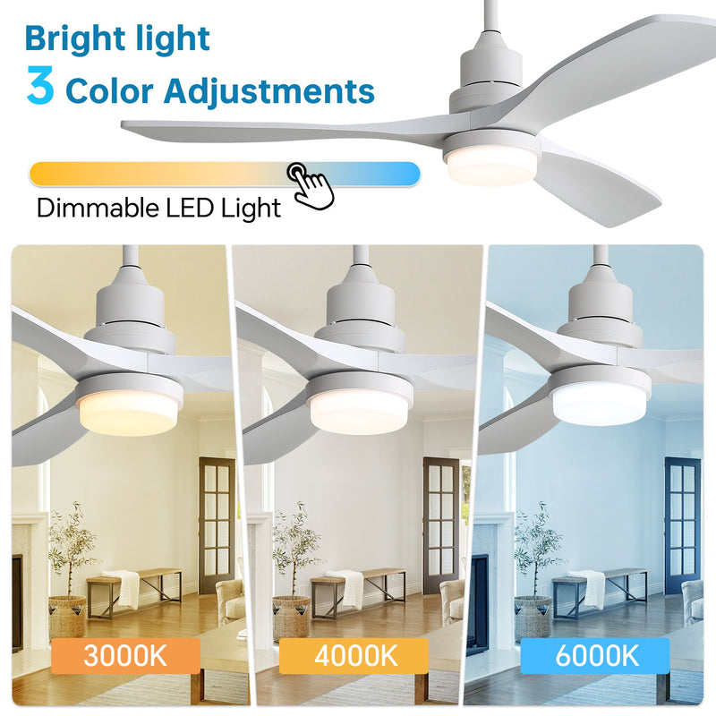 52" Blade Ceiling Fan With Remote Controlled LED Light And Quiet DC Motor - White