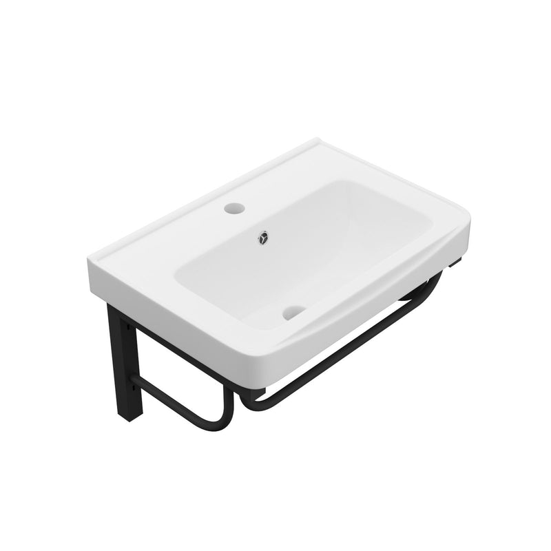 Wall Mounted Rectangular Bathroom Sink With 304 Stainless Steel Towel Bar & Overflow - White