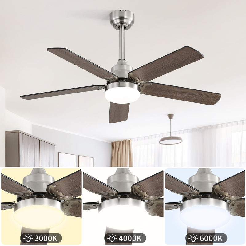 42" Ceiling Fan With Reversible DC Motor, LED Light, 5 Blade Design - Nickel