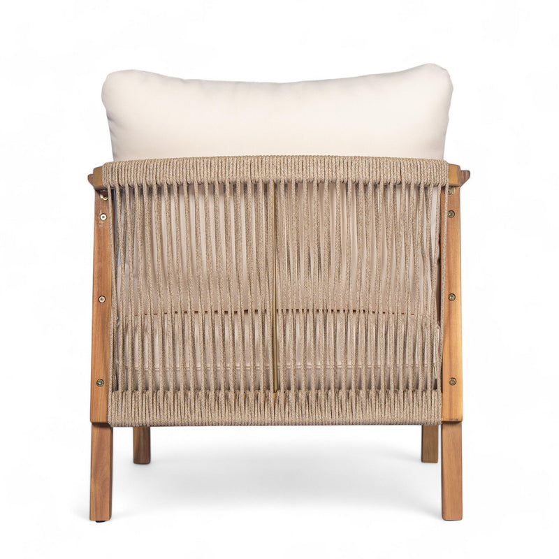 Outdoor Lounge Chair With Woven Backrest, Solid Wood Frame, Comfortable Cushions