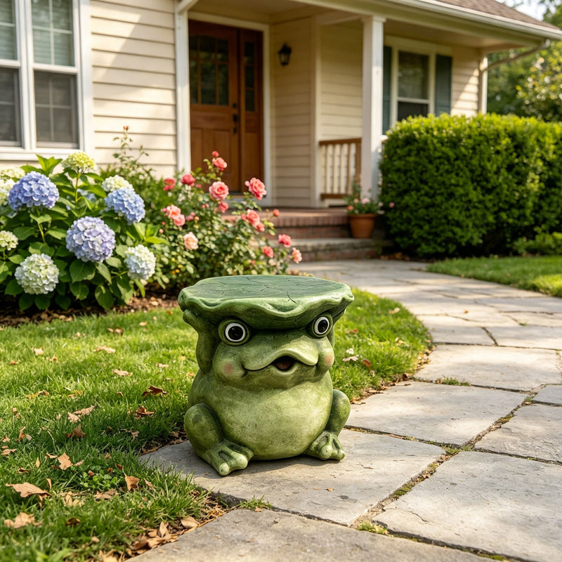 12'' Cute Frog Statue With Lotus Leaf Hat, Cartoon Animal Figurine Decor, Outdoor Garden Landscape Sculpture Ornament For Front Porch, Backyard Lawn, Patio, Walkway Home Decor