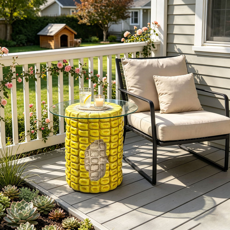 17.32" High Novelty Corn Cob Side Table, 19.69" Wide Vegetable-Shaped End Table With Glass Top, Multi-Functional Accent Furniture For Home & Garden Decoration