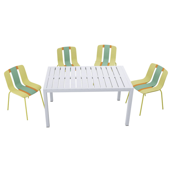 4 Piece Set Of Striped Color Blocking Single Chairs & Long Table - Grain Yellow / Haze Green / Tropical Orange / White