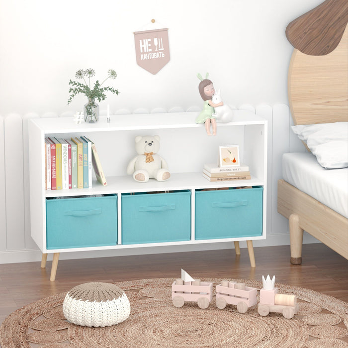 Bookcase With Collapsible Drawers, Book Display Storage Cabinet Organizer - White / Blue