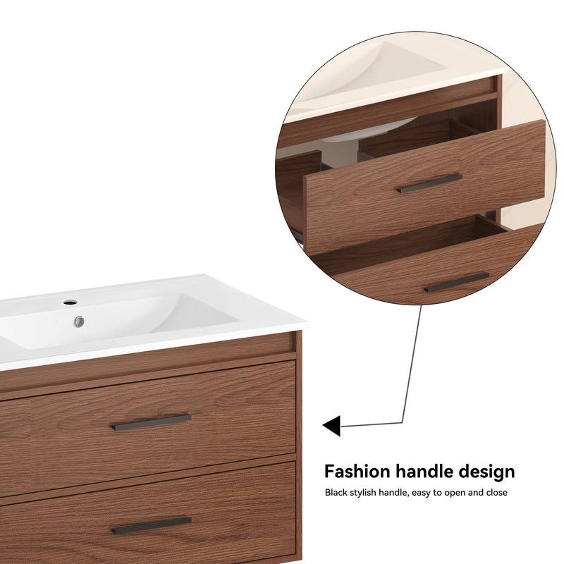Wall Mounting Bathroom Vanity With Soft Close 2 Drawer, Sink - Reddish Brown