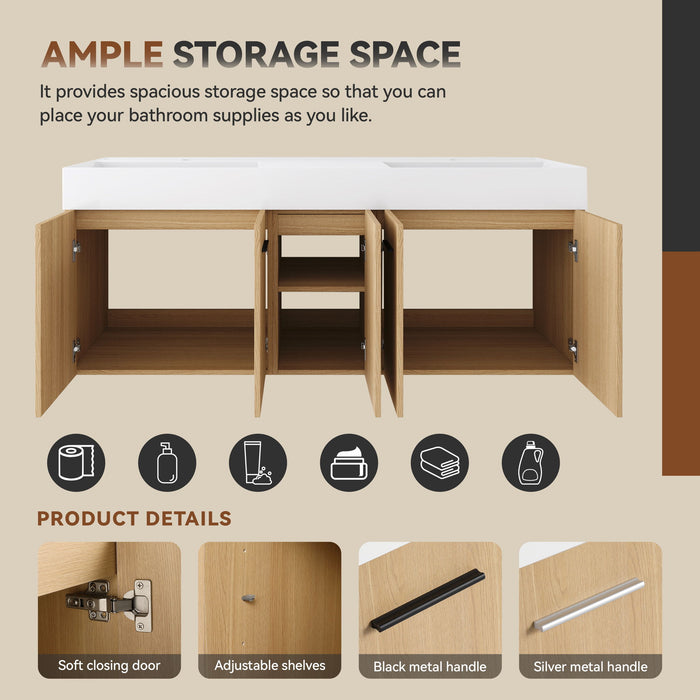 Floating Double Sink Bathroom Vanity Set With Tall Linen Cabinet, Extra Large Storage, Integrated Sink, Soft Close Doors - Glossy White / Light Oak