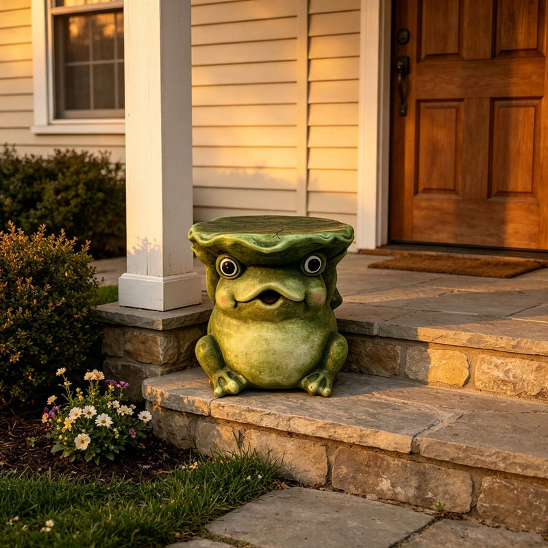 12'' Cute Frog Statue With Lotus Leaf Hat, Cartoon Animal Figurine Decor, Outdoor Garden Landscape Sculpture Ornament For Front Porch, Backyard Lawn, Patio, Walkway Home Decor