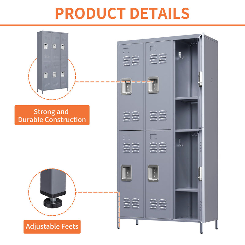 6 Door Lockers With Lock For Employees, Storage Cabinet For Home, Gym, Office, School, Garage - Gray