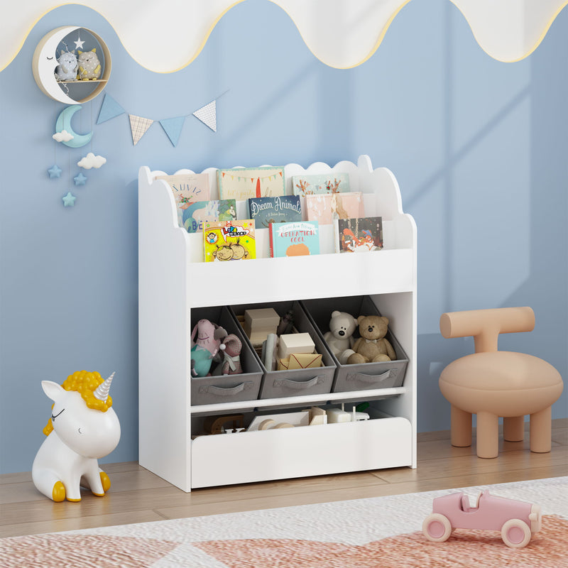 Bookshelf With Storage Bins And Drawer, Multi Functional Book Organizer For Toddlers - White