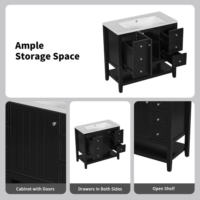 36" Bathroom Vanity & Sink, 2 Cabinet And 3 Drawers - Black