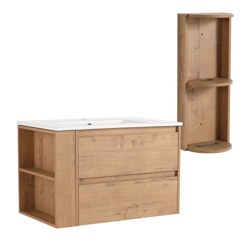 Modern Wall Mounted Bathroom Vanity With Ceramic Sink And Storage Rack, 2 Soft Close Drawers
