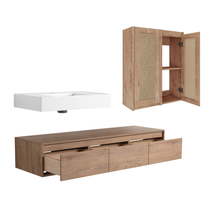 Modern Wall Mounted Bathroom Vanity With Resin Sink And 2 Side Cabinet, Construction - Imitative Oak