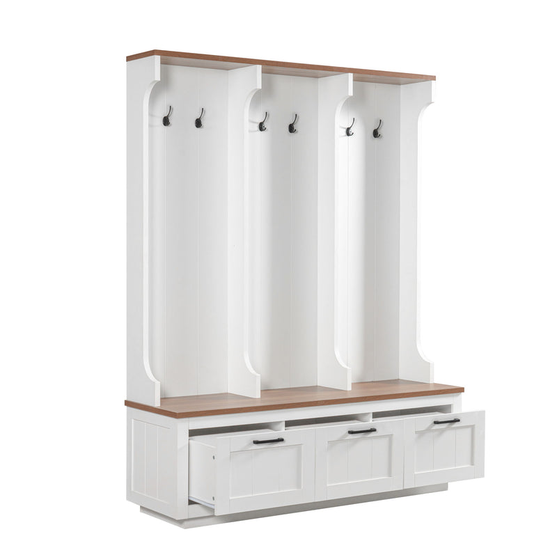 Hall Tree With Bench And Shoe Storage, 3 Large Drawers, Open Storage Shelves & Hooks