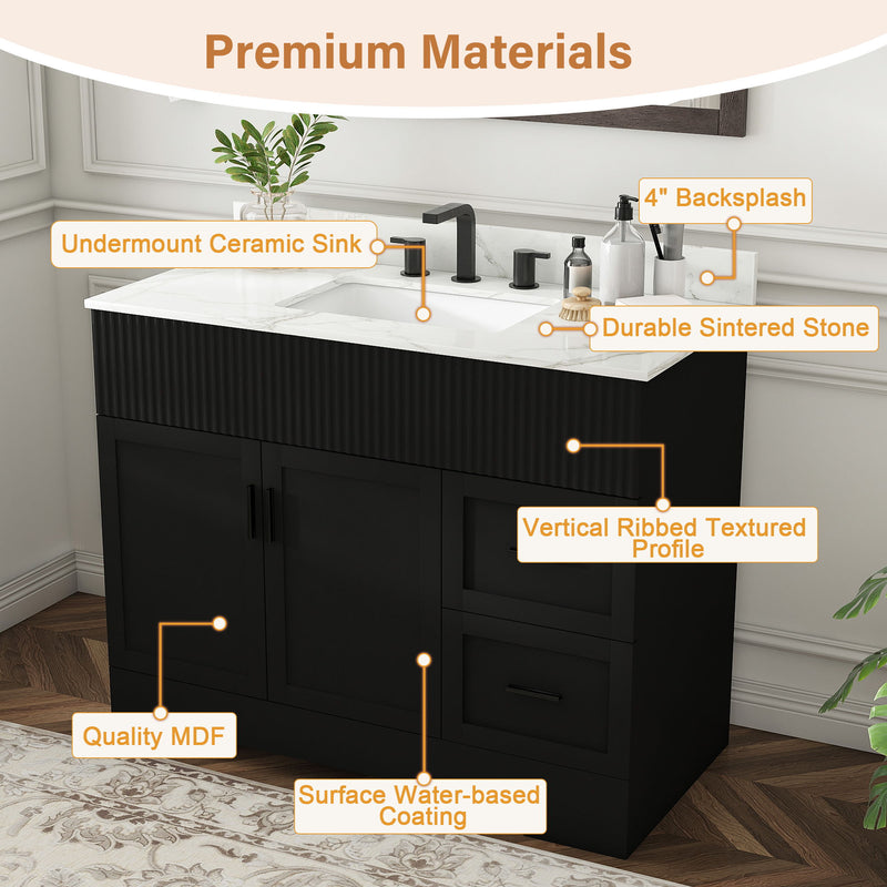 Bathroom Vanity Set, Fluted Cabinet, 3 Faucet Holes, Sink Included - Black