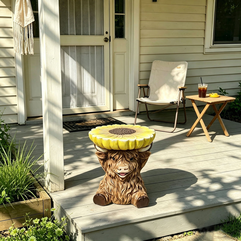 14'' Brown Highland Cow Stool With Yellow Sunflower Top, Cute Farm Animal Side Table Decor, Indoor & Outdoor Creative Figurine Seat For Patio, Garden, Living Room Home Decor