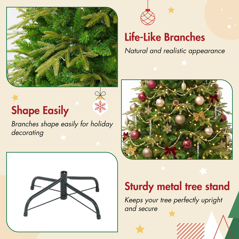 7.5Ft Premium Life Like Full Flocked Christmas Tree With Stand, Fire Resistant Tips, Warm & Colorful LED Lights - Green