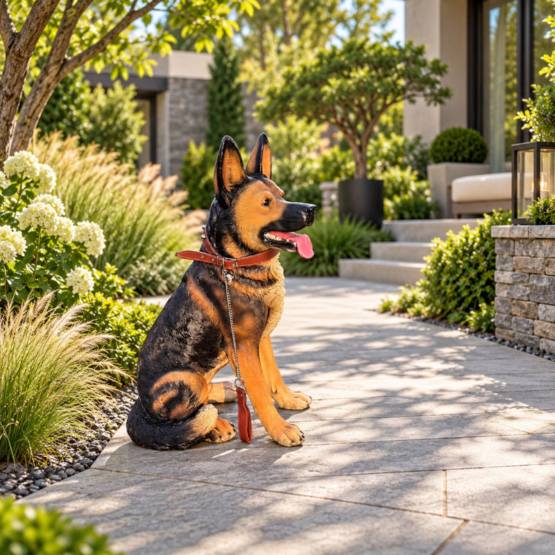 German Shepherd Dog Statue, Sitting Guard Sculpture - Black Brown
