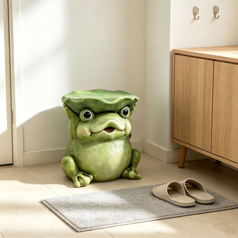 12'' Cute Frog Statue With Lotus Leaf Hat, Cartoon Animal Figurine Decor, Outdoor Garden Landscape Sculpture Ornament For Front Porch, Backyard Lawn, Patio, Walkway Home Decor