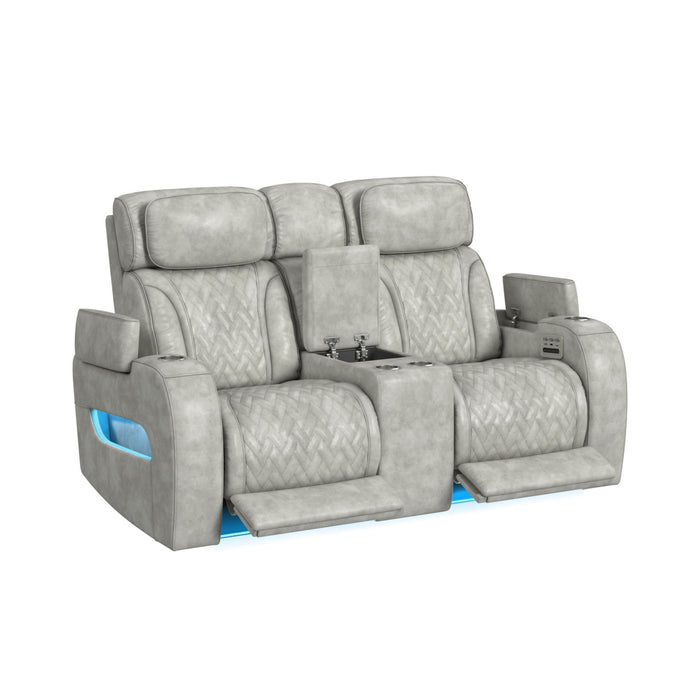 Prime Time - P3 Loveseat With Console, 7 Colors Led, Cup Holders And Wireless Charger Controller - Leather Gel Light Gray
