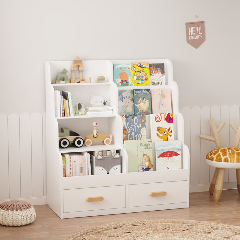 Bookshelf With 2 Storage Drawers, Front Facing Bookcase And Toy Organizer, Multi Tier Reading Shelf - White