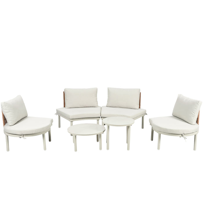6 Piece Patio Set, Half Moon Outdoor Sectional Sofa With 2 High Low Coffee Tables, 4 Pillows & Cushions