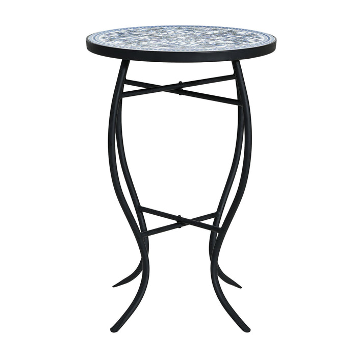 Outdoor Round Side Table With Mosaic Style Top And Curved Iron Legs