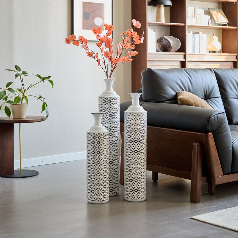 Modern Floor Vase Set Metal Vases With Geometric Pattern, 3 Piece Home Decor Set - White / Black