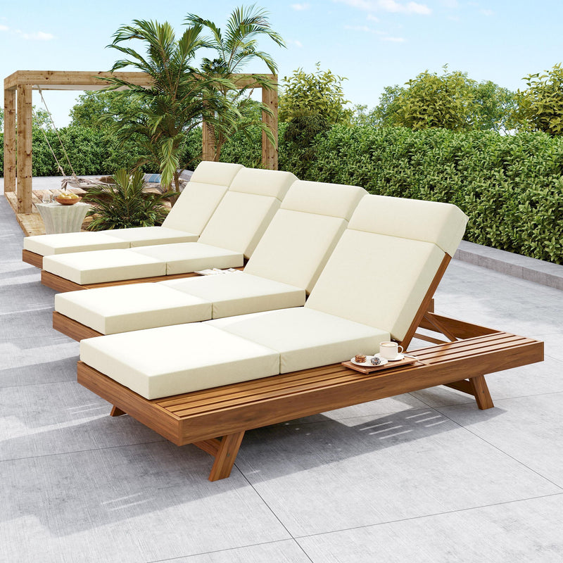 Acacia Wood Lounge Chaise Set With Headrest And Water Resistant Cushions - Beige