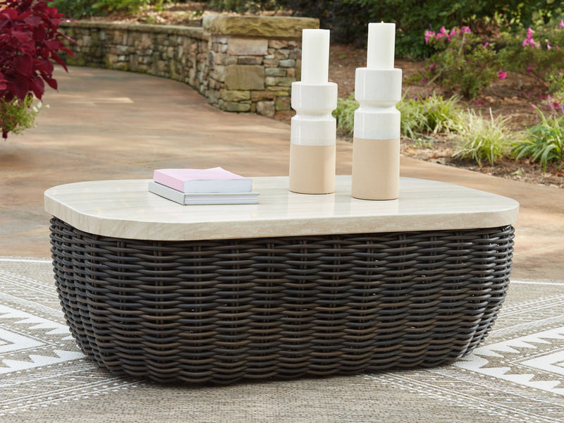 Kimora - 4 Pc. - 4-Piece Outdoor Sectional, Swivel Glider Lounge, Cocktail Table, End Table - Beige / Dark Brown