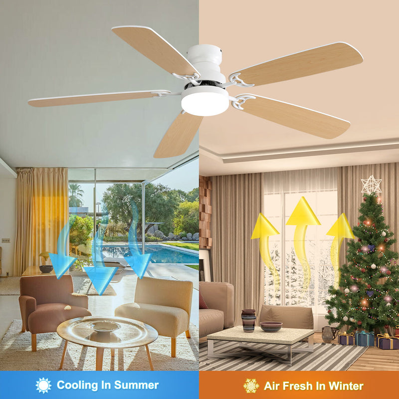 52" DC Motor Ceiling Fan With LED Light, 6 Speed Remote Control, Reversible Blades For Living Room - White