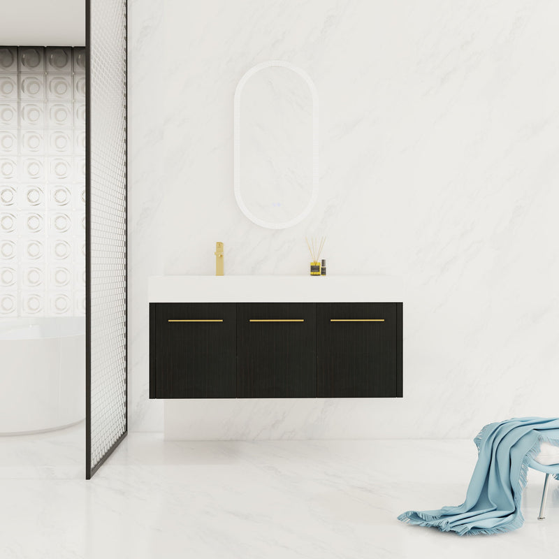 Contemporary 48" Wall Mounted Bathroom Vanity With Resin Sink And Soft Closing Doors And Line - Black Chestnut