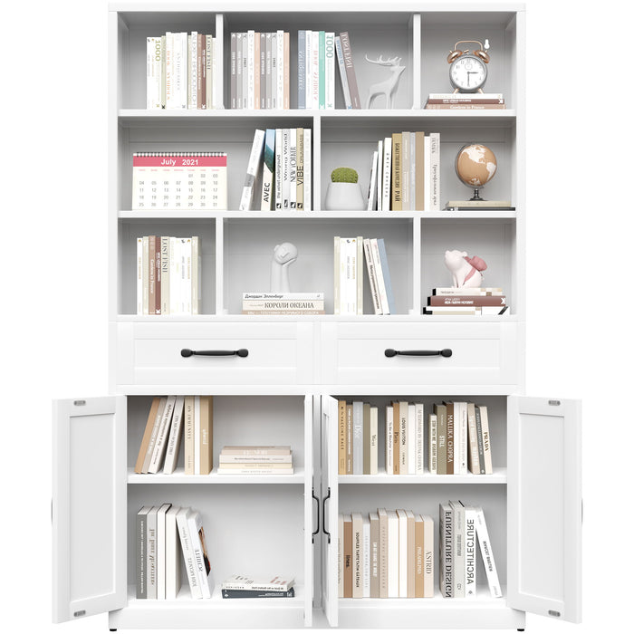Bookcase Tall With 2 Doors & 2 Drawers, Fixed Open Shelves - White