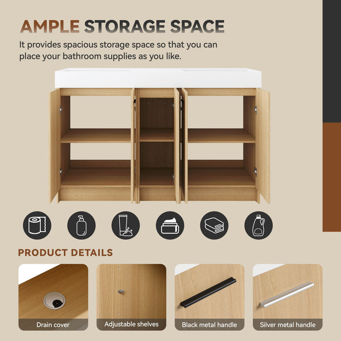 Double Sink Bathroom Vanity Set With Tall Linen Cabinet, Extra Large Storage, Integrated Sink, Freestanding Cabinet - Light Oak / White
