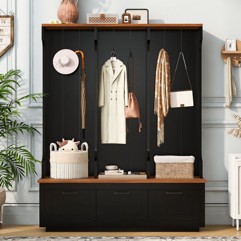 Hall Tree With Bench And Shoe Storage, 3 Large Drawers, Open Storage Shelves & Hooks