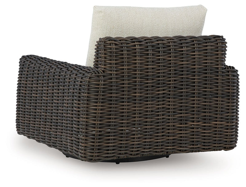 Kimora - 4 Pc. - 4-Piece Outdoor Sectional, Swivel Glider Lounge, Cocktail Table, End Table - Beige / Dark Brown