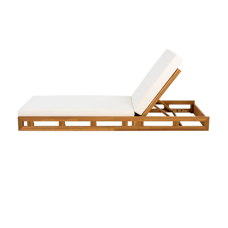 Premium Acacia Wood Lounge Chaise Set With Water Resistant Cushions, Adjustable Recline - Cream / Teak