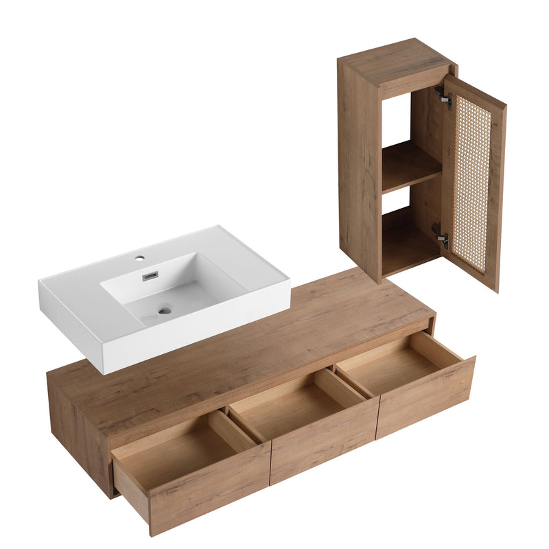 Modern Imitative Wall Mounted Bathroom Vanity With Resin Sink And Side Cabinet
