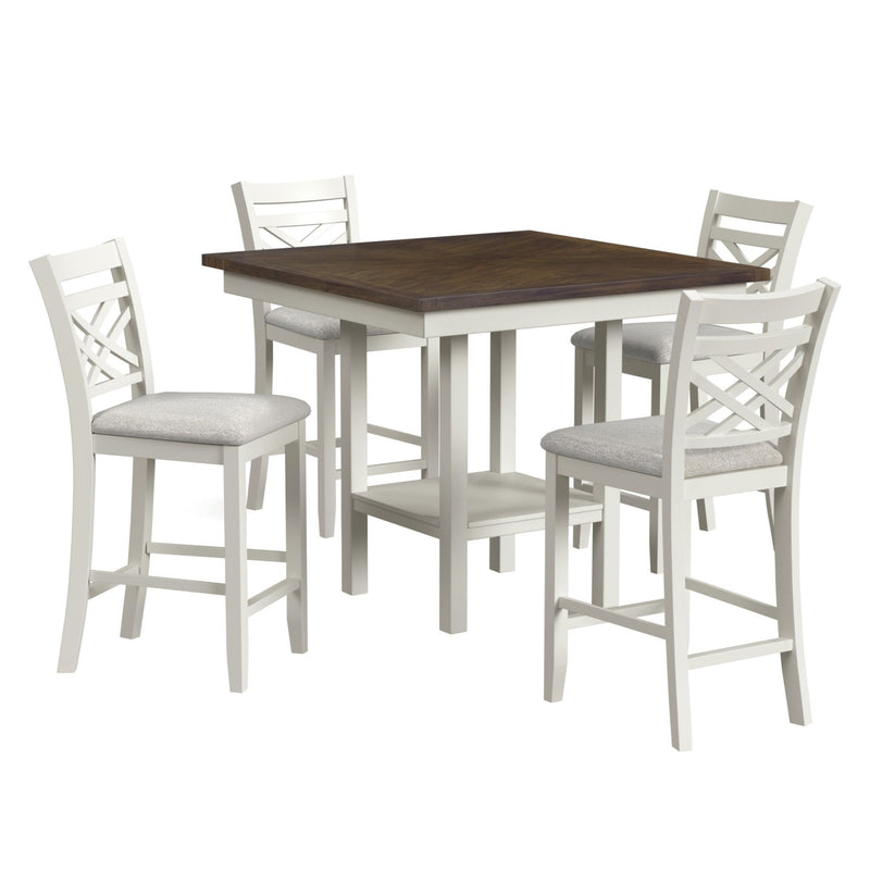 Brooks - 5 Piece Counter Set With Table And 4 Upholstery Seat & Wood Back Chairs - Medium Brown & White