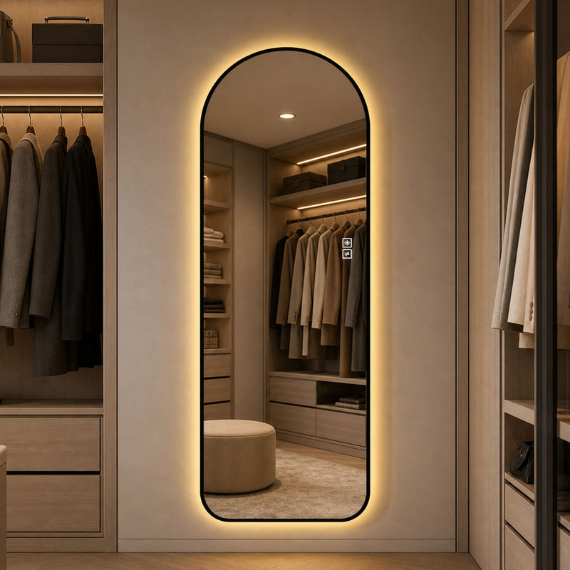 65" X 24" Arched LED Full Length Mirror With Frame, 3 Color Temperatures & Stepless Dimming - Black