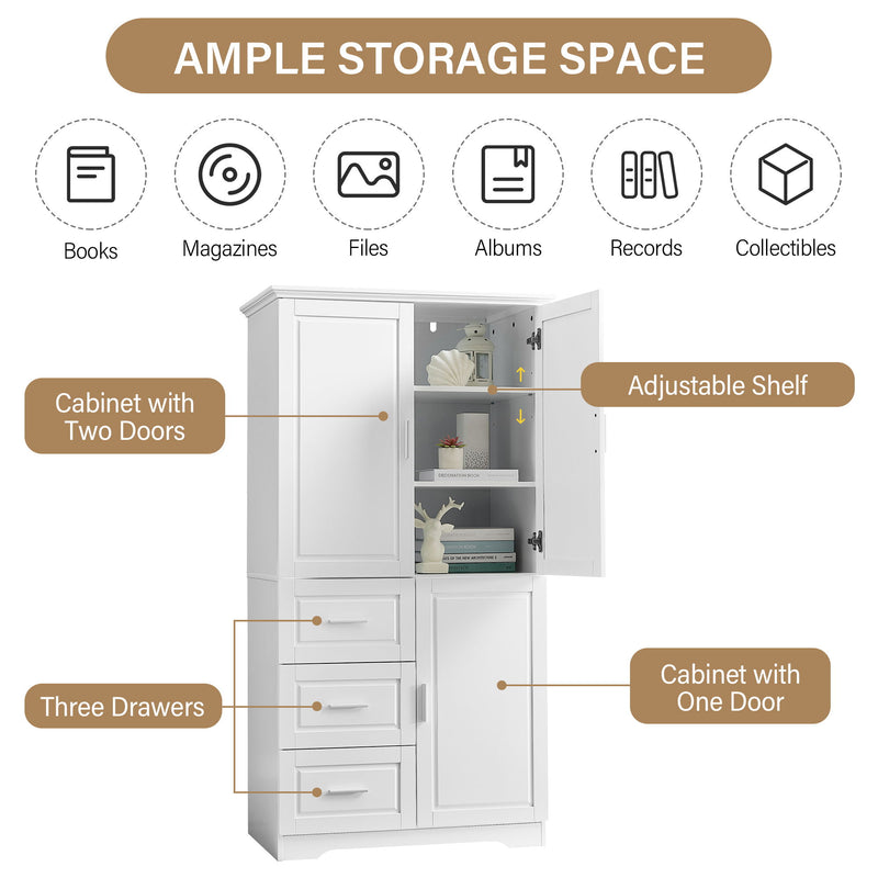 Tall And Wide Storage Cabinet With Doors, 3 Drawers