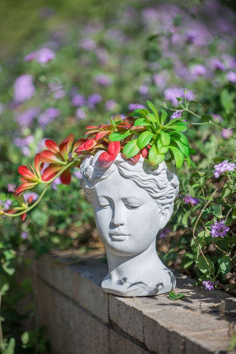 Greek Style Cement Head Planter Indoor Outdoor Home Garden Decor - Gray