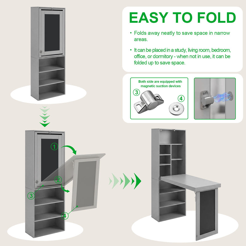 Folding Desk With Storage, Foldable Convertible Writing Table With Blackboard And Shelves For Home Office