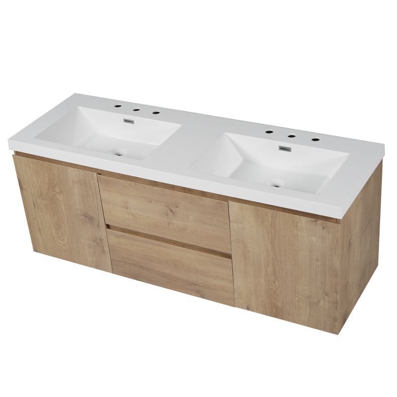 Double Sink Bathroom Vanity, Cabinet & Soft Close Doors, Divided Drawers, Wall Mounted Storage - Wood
