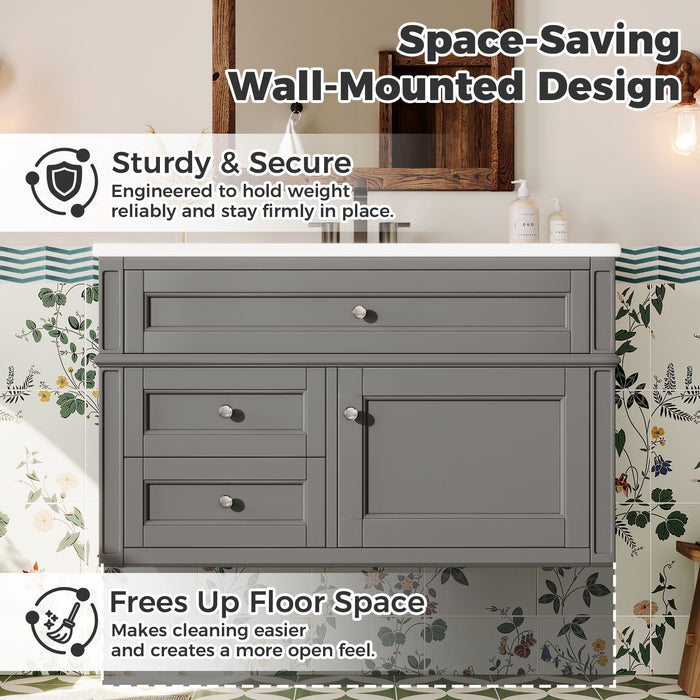 Modern Wall Mounted Floating Cabinet With Double Drawer And Sink