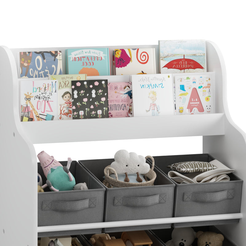 Bookshelf With 6 Storage Bins, Multi Functional Children's Bookcase And Toy Organizer - White