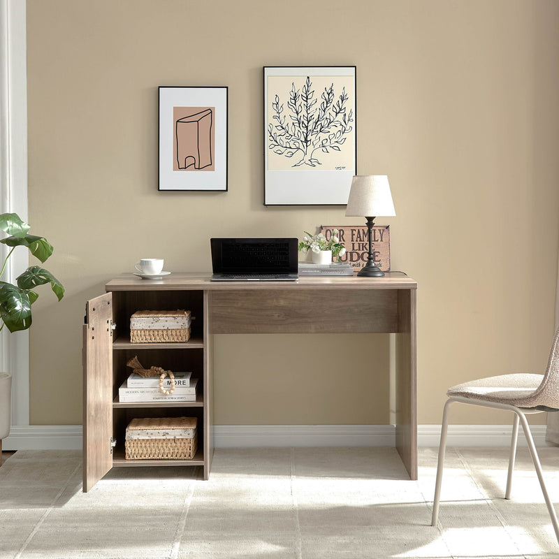 Home Office Desk Hazelnut One Cabinet Three Shelves Faux Barn Door On Metal Euro Hinges Modesty Panel - Light Brown
