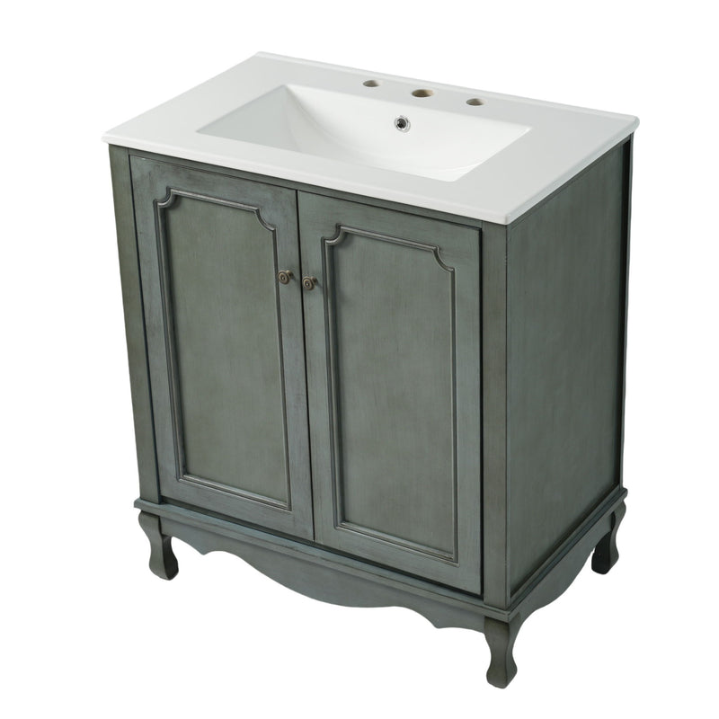Vintage Bathroom Vanity With Ceramic Sink, Adjustable Shelves