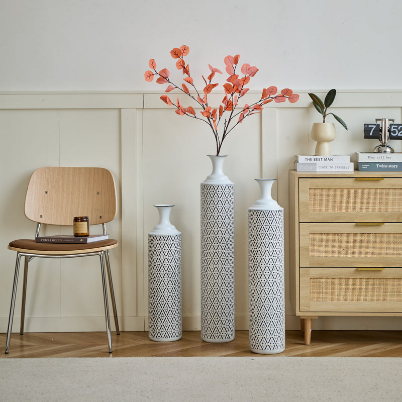 Modern Floor Vase Set Metal Vases With Geometric Pattern, 3 Piece Home Decor Set - White / Black