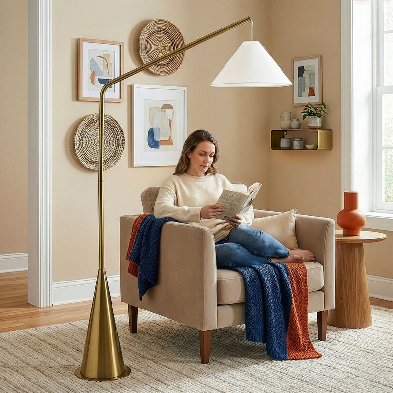 Lisbon - Floor Lamp With On / Off Switch Coned Base Hanging Shade - Antique Brass / White